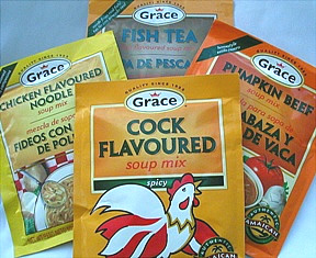 Grace soup mixes.  Grace Cock Soup Mix, Grace Chicken Noodle Soup Mix, Grace Pumpkin Beef Soup Mix, and the famous Grace Cock Soup.  Jamaican soup mixes.  Jamaican foods.  Jamaican food.  Caribbean food.  Caribbean Islands. Caribbean products.